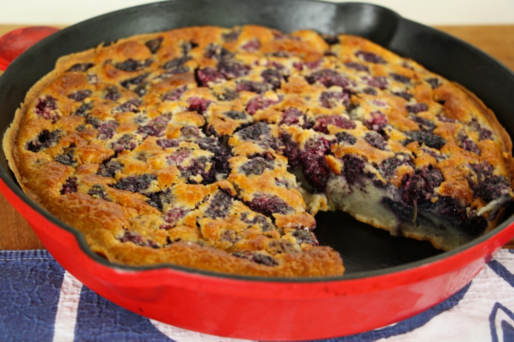 mulberry cake in a cast iron skillet